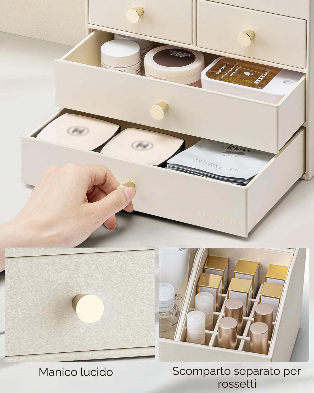 VLANDO Organizer per trucchi con 4 cassetti, grande organizer da tavolo da | Organizer per profumi, per la cura della pelle, accessorio da toeletta per rossetto, regalo, beige