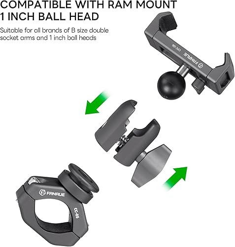 Miniatura 5 de FANAUE Soporte de teléfono para motocicleta con adaptador de cabeza esférica de 1 pulgada, soporte de aluminio para teléfono para manillar, clip de