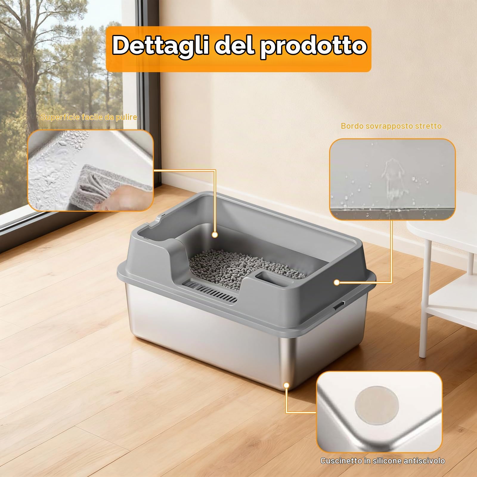 Garvee Lettiera Gatto Acciaio Inox XXL 60x40x22cm, Semichiusa con Bordi Alti per Gatti Grandi e Multipli, Antiaderente, Antiodore, Anti Perdite, con Paletta, Facile da Pulire, Grigio