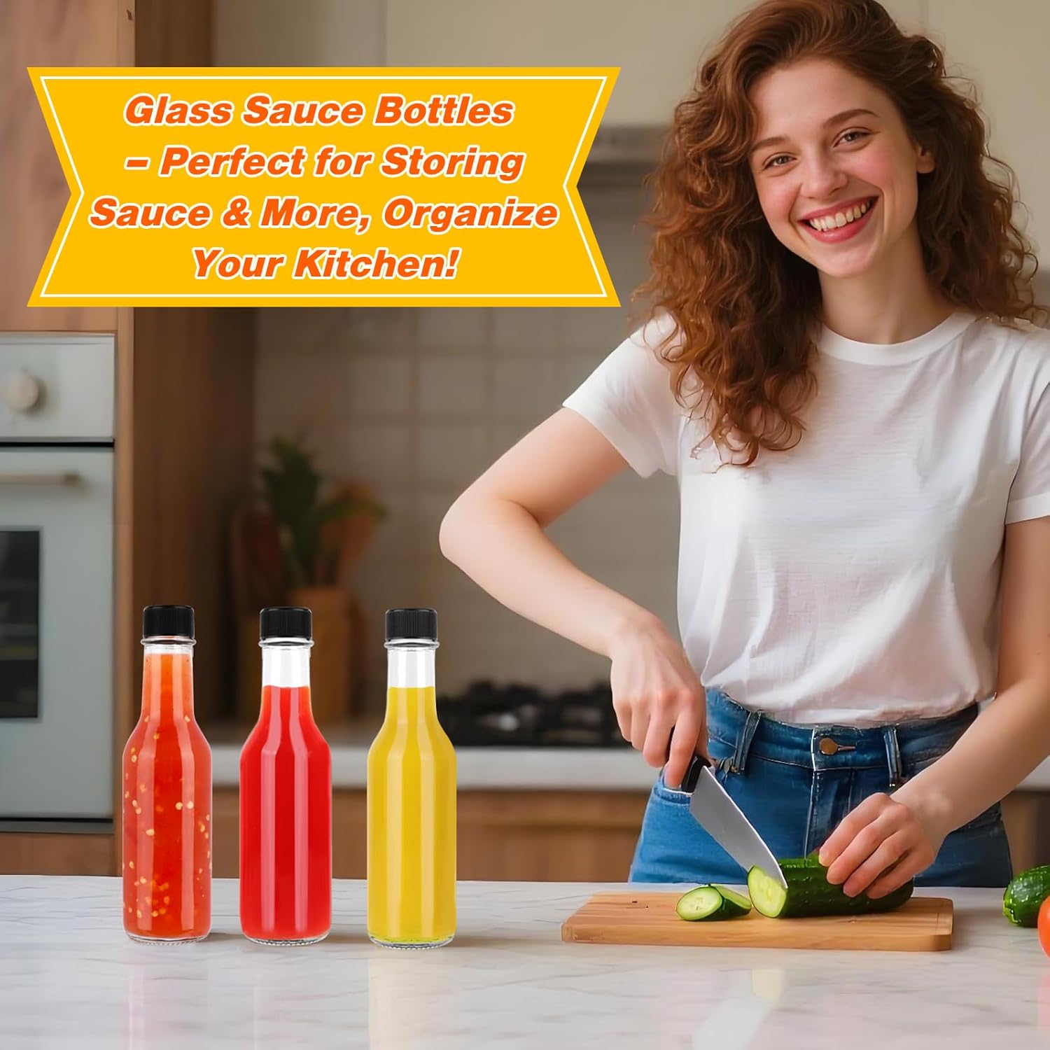 Hot Sauce Bottles 5 oz, 35 Pack Glass Woozy Bottles with Leak Proof Black Caps, Shrink Capsules & Brush, 150ml Empty Bottles for Hot Sauces, Home Bottling, Oils, Vanilla Extract & Gifts
