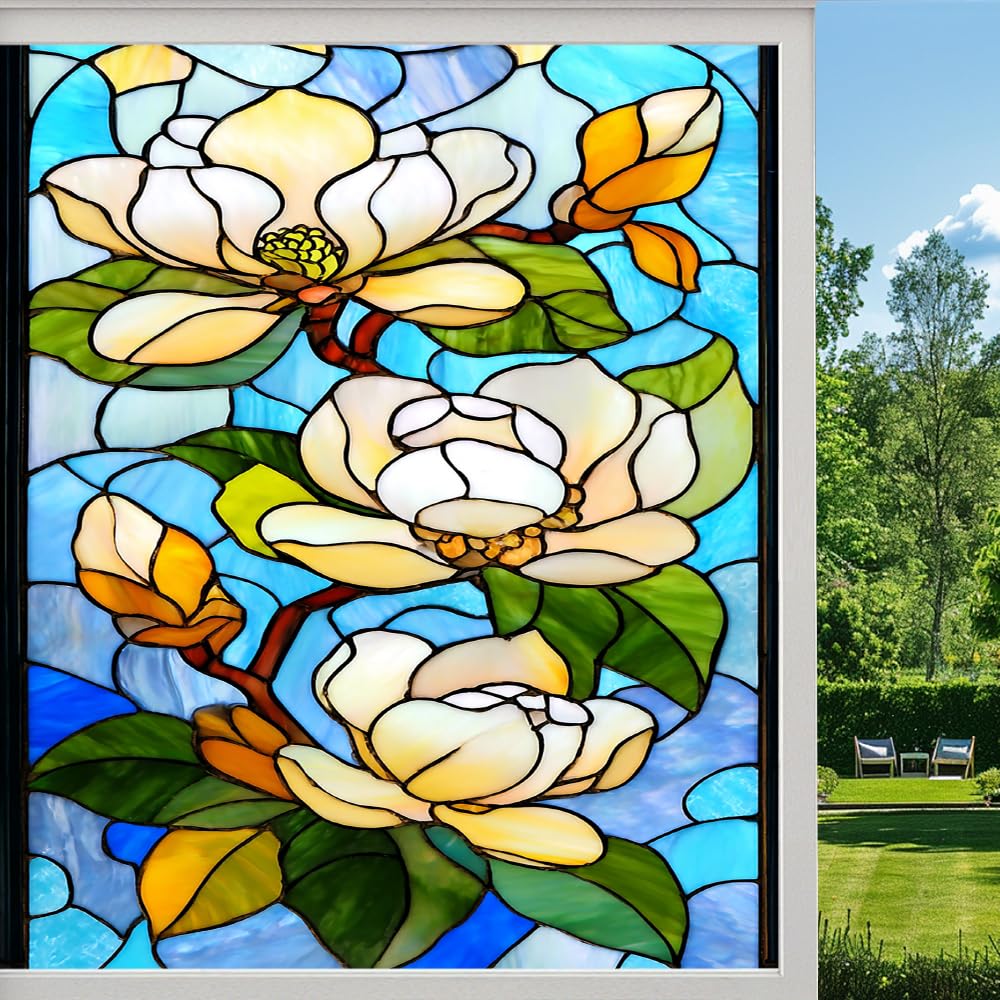 Pmlbaous Rustic Magnolia Stained Glass Window Film, Colorful Flowers Natural Plants Peel And Stick Privacy Film, Frosted Adhesive Vinyl Decorative For Bathroom Windows Glass Doors, （80X140cm）