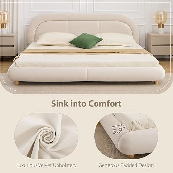DEINPPA King Size Luxury Bed Frame with Curved Headborad, Velvet Upholstered Bed Frame with Wood Legs for Bedroom Living Room, Easy Assembly, No Box Spring Needed-Beige