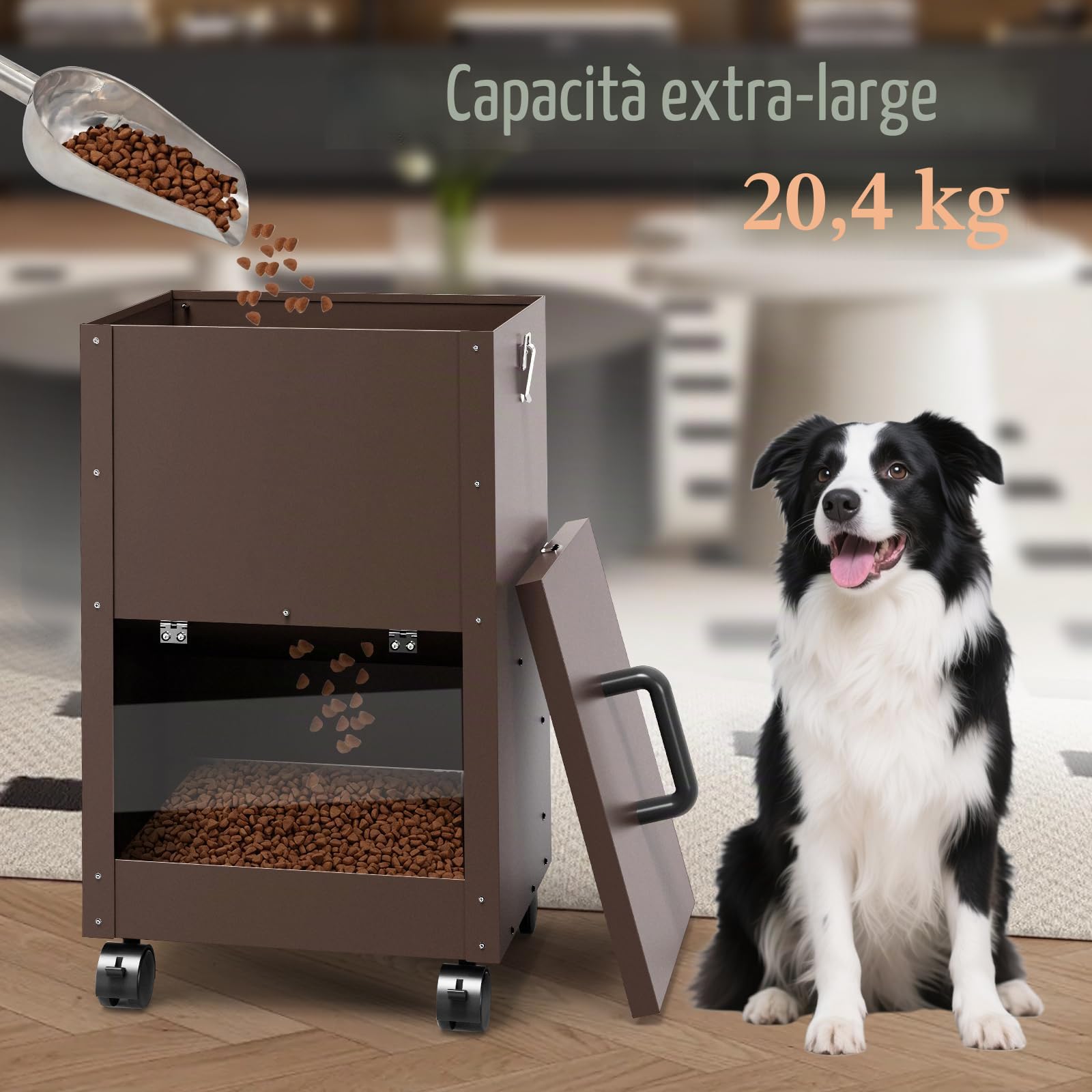 Alimentatore Automatico Per Cani Galvanizzato Per Razze Di Grandi Dimensioni, Distributore Di Cibo Per Cani Da 40L Con Ruote Per Grandi, Alimentatore A Gravità Per Cibo Per Metallico Brun