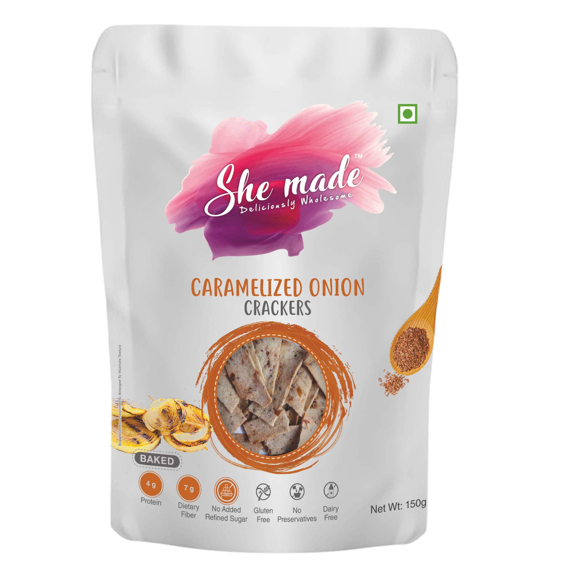 She Made Foods Crackers Biscuit - Caramelized Onion Flavour, Vegan & Gluten-Free Snack, Healthy Baked Crackers, Tasty Gourmet Bites (150 grams)