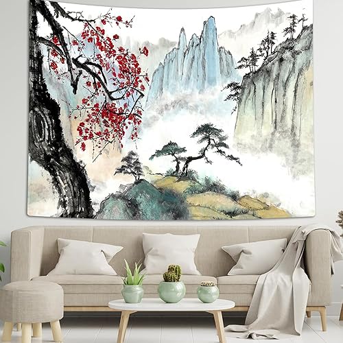 Miniatura 2 de TOMOZ Tapiz japonés, tapiz estético de paisaje de naturaleza asiática, tapiz para colgar en la pared, tapiz de anime, sol rojo, flor de cerezo para