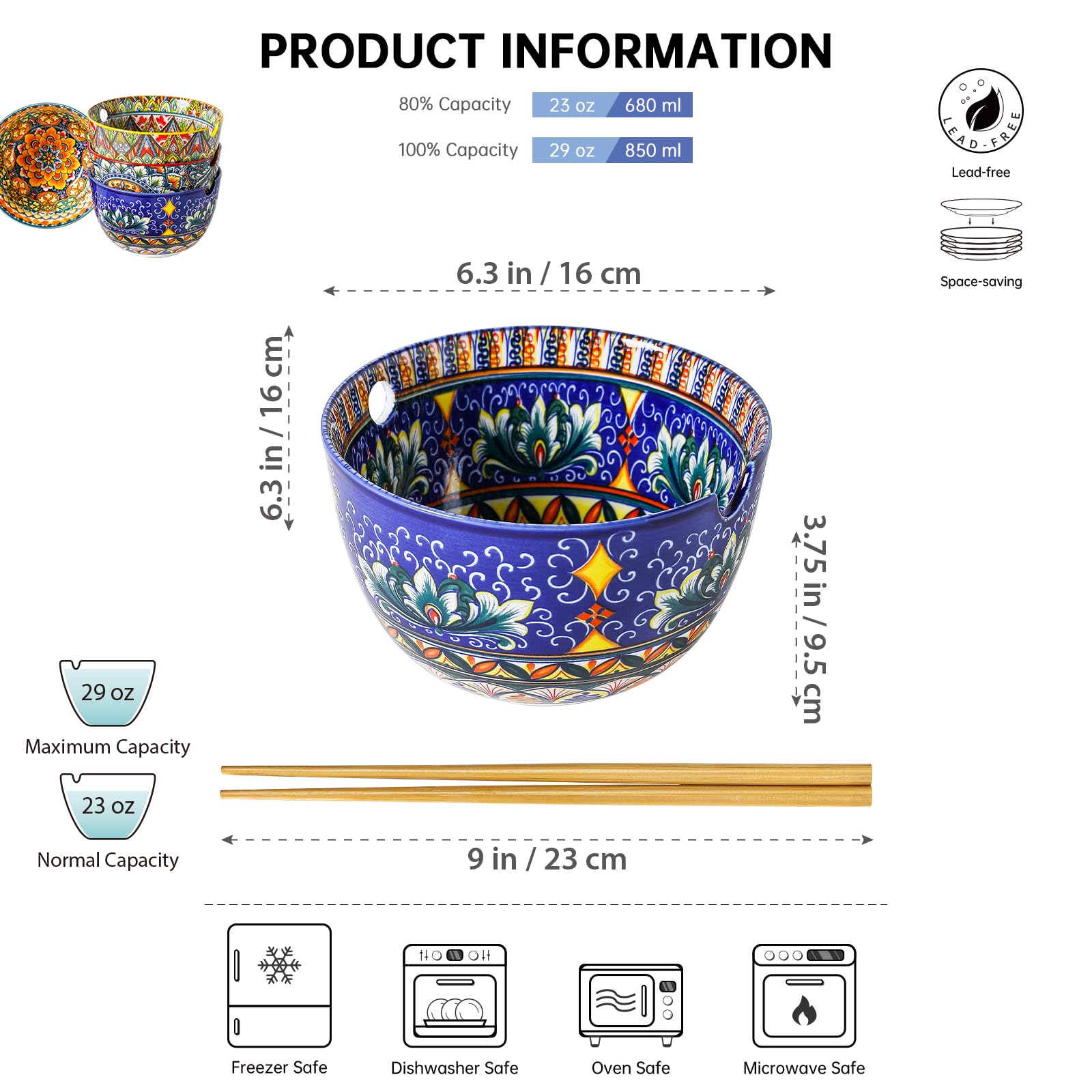 Ramen Schüssel, Set Ramen Suppenschalen inklusive Essstäbchen, 4er Bowl Keramik Set für Suppe, Ramen und Udon - 850ml