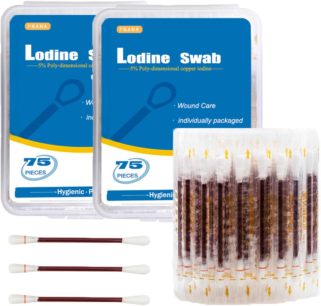 150pc- PNANA Iodine Cotton Swabsticks Cleanning Prep Pad Medical Swabs Individually Wrapped for Wound Care Nasal