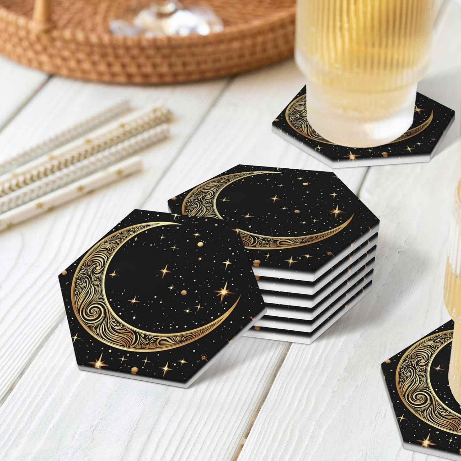 ドリンクコースター6枚セット セラミックコースター ホルダー付き 三日月柄 ラウンドコースター ドリンク用 卓上保護 カップマット