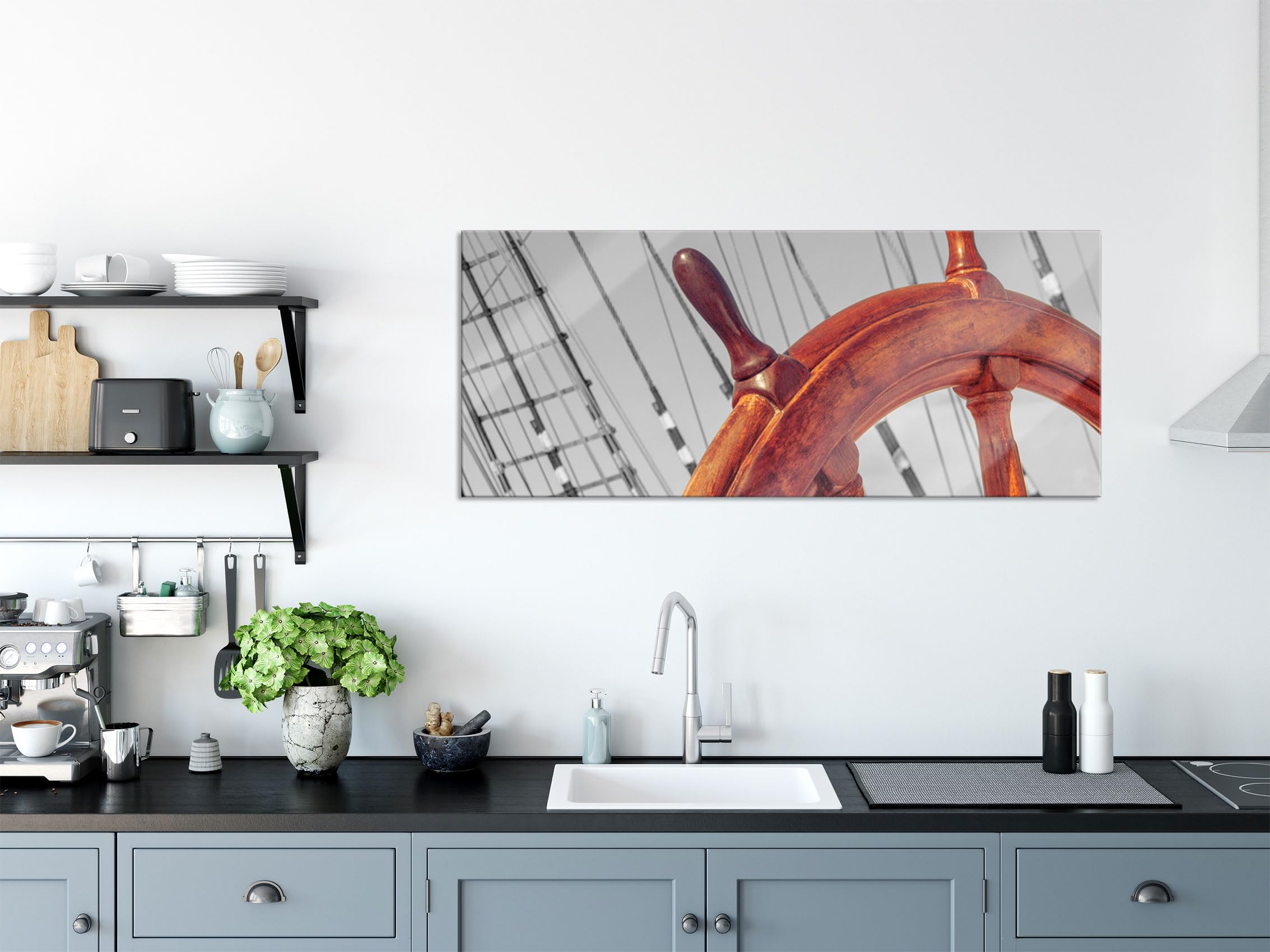 Pixxprint Glasbild Panorama, Wandbild aus Echtglas, Steuerrad auf einem Schiff, 120x50 cm, inkl. Aufhängung und Abstandshalter