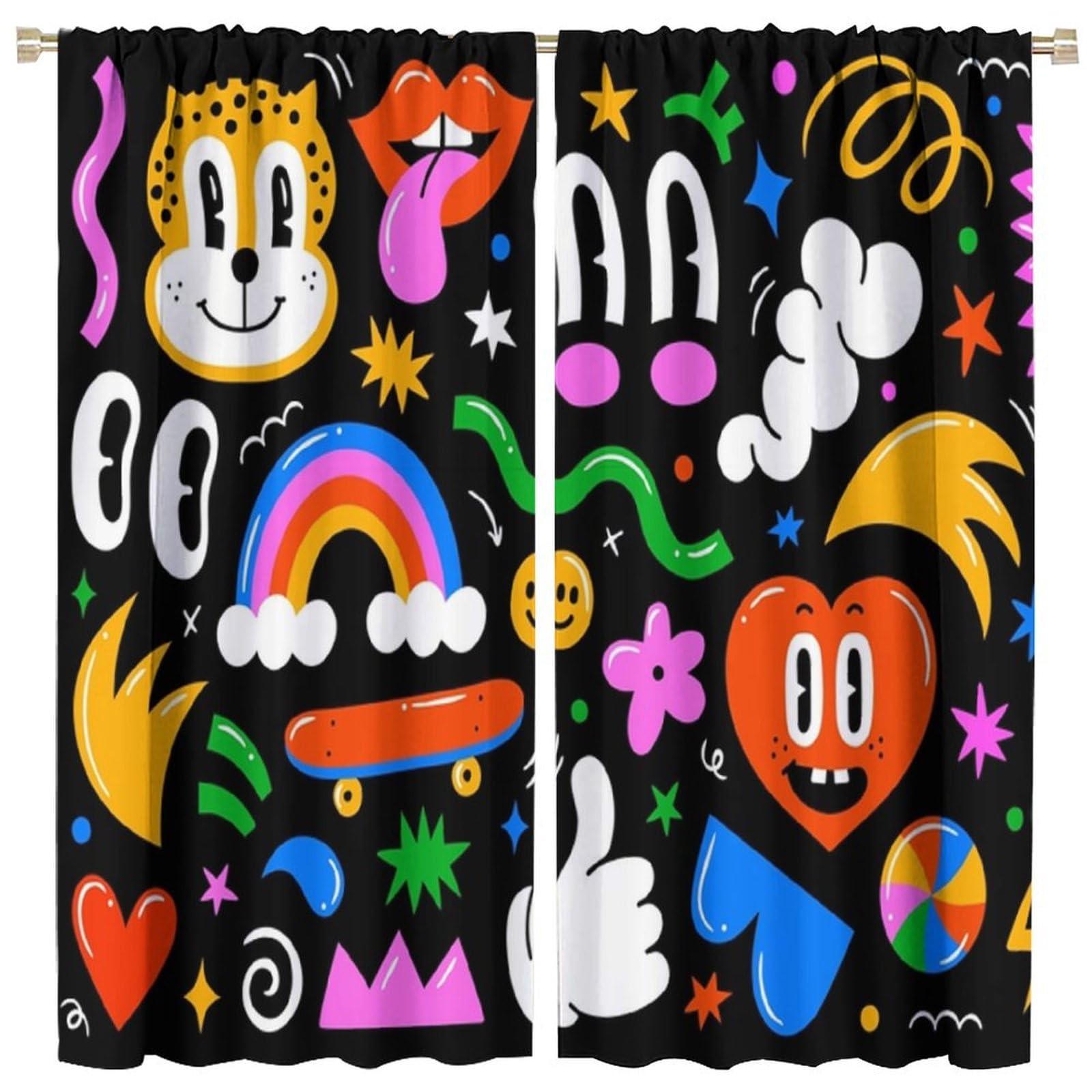 Groovy Cartoon Curtains, Fashion Funny Hippie 70s Boho Colorful Personality Pattern, Blackout Thermal Insulation Rod Pocket Window Treatments for Living Room Bedroom Bathroom (21x45in) x2 Panels