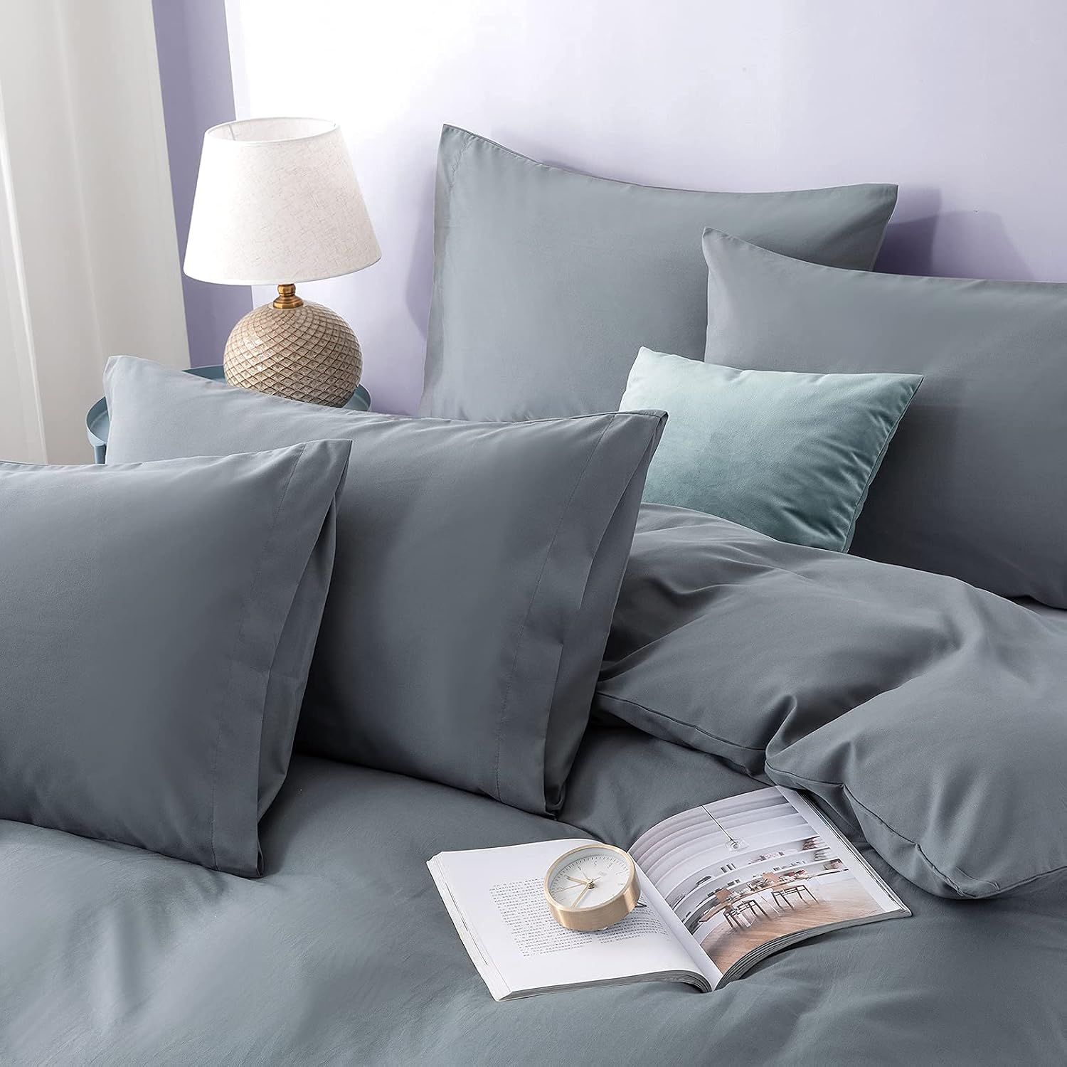 Milvowoc 5 Pcs Dark Grey Duvet Cover Set Full/Queen Size, 1800 Thread Count Brushed Microfiber Comforter Cover Sets with Zipper Closure & Corner Ties (1 Duvet Cover + 4 Pillowcases)