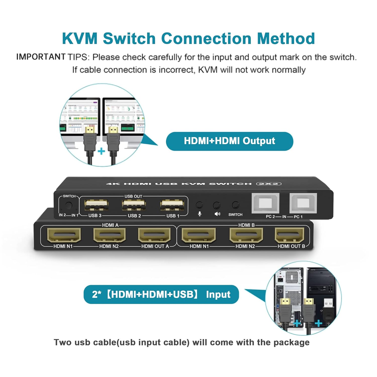 Dual Monitor KVM Switch 2 Port 4K@60Hz, 2 in 2 Out with Audio, 3 USB 2.0 Hub, Black, Toggle Switch, ON-NONE-ON Operation