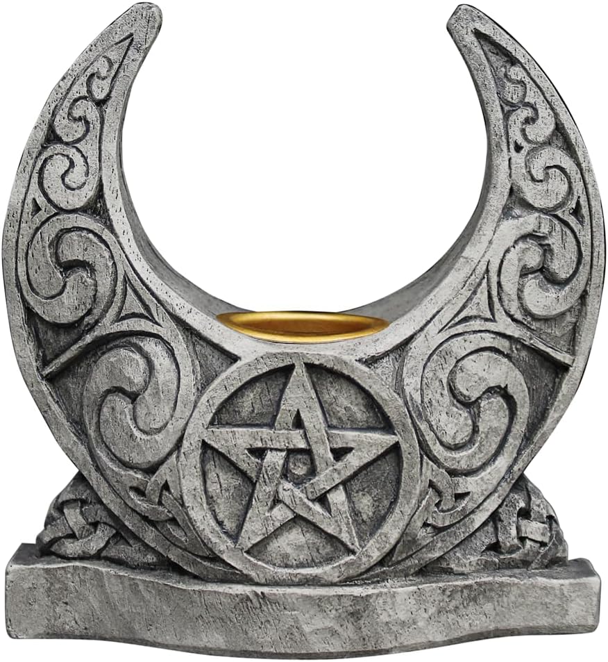 Dryad Design Crescent Moon Pentacle Taper Candle Holder | Wiccan Decor | Stone-finish resin altar decor with Celtic knotwork; holds standard 7/8" taper candles; perfect witchy gift choice