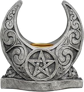 Crescent Moon Candle Holder - Pentacle Taper Candle Holder - Wiccan Witch Pentagram Home Altar Decor - Stone Finish