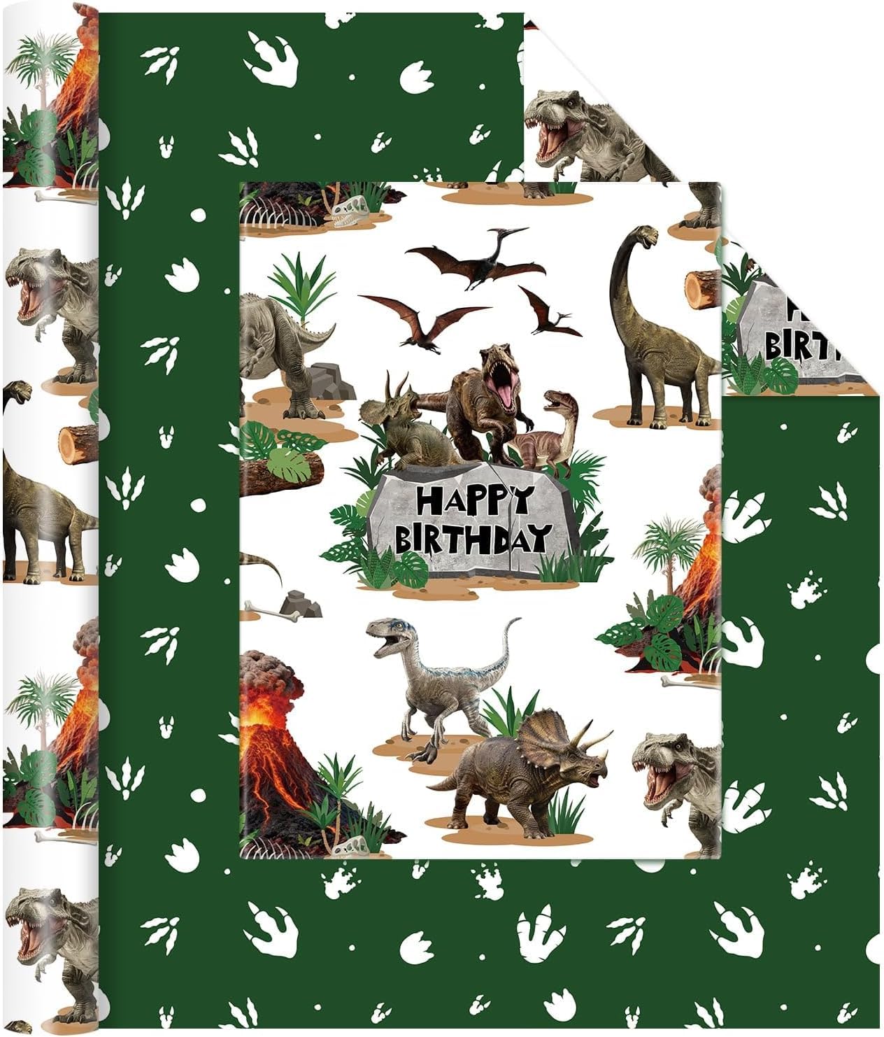 WERNNSAI Realistic Dinosaur Wrapping Paper - 1 Roll Dinosaur Birthday Wrapping Paper Kids Boys Birthday Gift Wrap Green Jurassic Theme Gift Packing Decoration Reversible Paw Prints Design 43cm x 10m — image 1