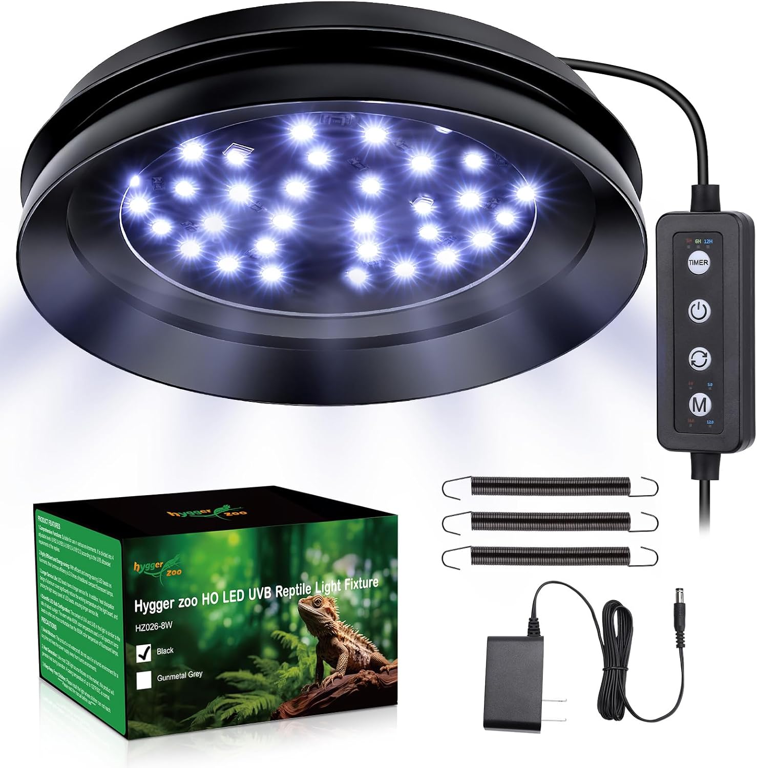 UVB Light for Reptiles with Dimming, LED UVB Light Bulb Fixture for Bearded Dragon Gecko Lizard Turtle Snake, Adjustable Brightness UVA UVB Lamp for Tropical & Desert Reptile Tank Accessories 8W Black