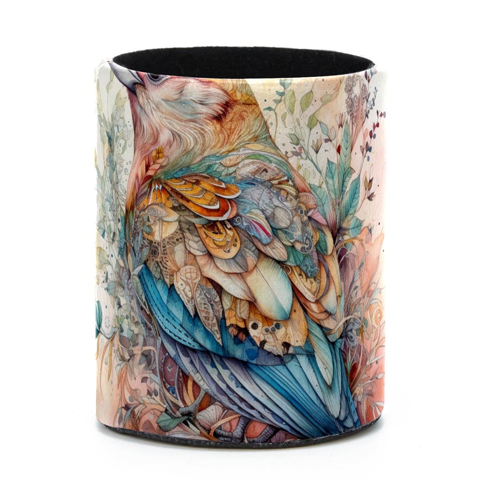 VAPOKF Round Pencil Holders for Desk, Watercolor Bird Leaves Pen Holders Pen Pot Makeup Brushes Storage Desktop Stationery Supplies Organiser for Home Office