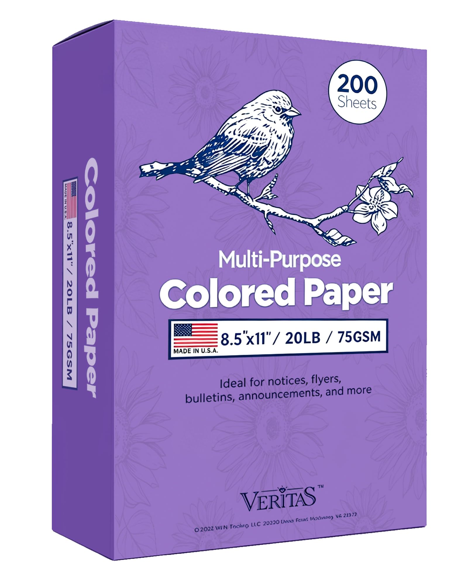WritePads Veritas - Carta colorata per fotocopie, viola, 21,6 x 27,9 cm, formato lettera, 9,1 kg/75 g/m², viola, 200 fogli, per fotocopie, stampante, multiuso, prodotta negli Stati Uniti