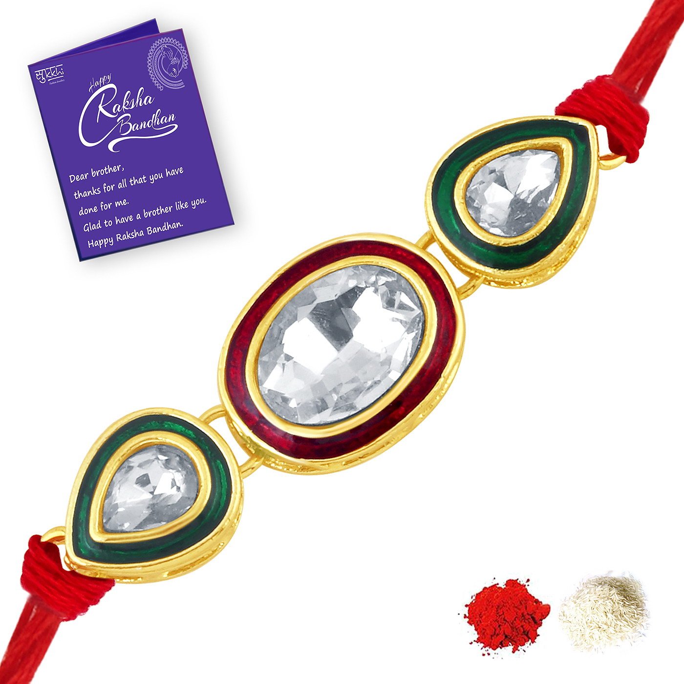 Sukkhi Rakhi Vintage Kundan Designer Gold Plated Premium Rakhi for Brother With Roli Chawal & Greeting Card | Rakhi for Bhaiya | Rakhi for MEN | Kundan Rakhi | (RAK73411) (B07FMLFFLM) Amazon Price History, Amazon Price Tracker