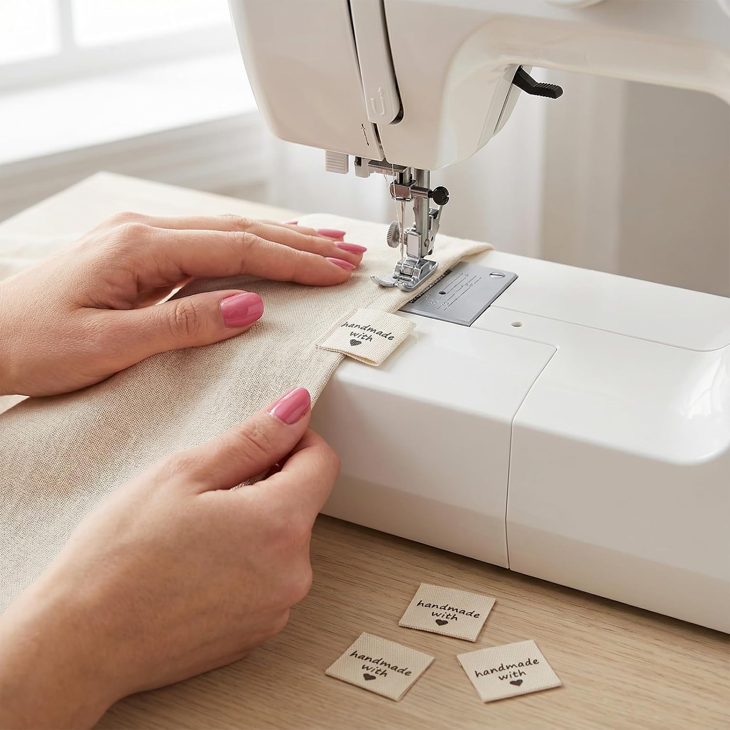 Jeffdad 100 PCS Sewing Labels for Handmade Items, 1.57x0.79Inch Personalized Clothing Labels, Made with Love Embossed Tags for DIY Crafts Knitting Crocheting Sewing