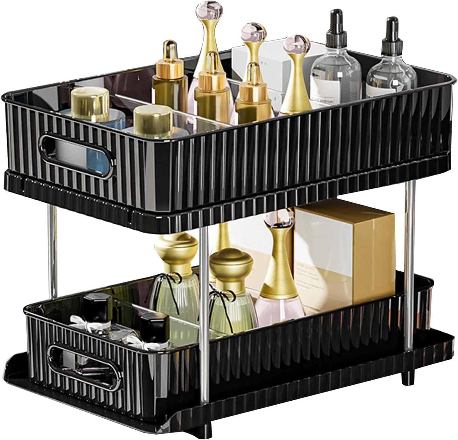 Worparsen Makeup Storage Box No-drill Installation 1 Set Space-saving 2-tier Clear Bathroom under Sink Organizer with Non-slip Feet for Black