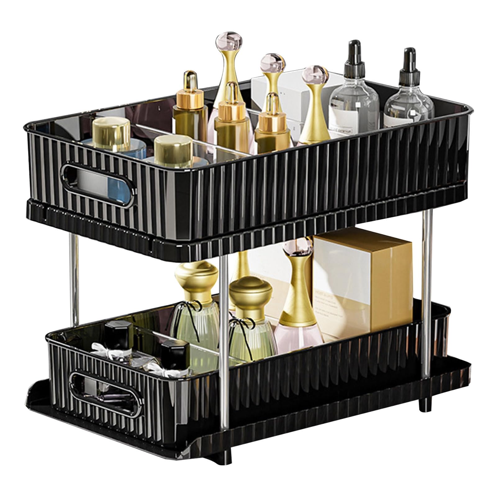 Worparsen Makeup Storage Box No-drill Installation 1 Set Space-saving 2-tier Clear Bathroom under Sink Organizer with Non-slip Feet for Black