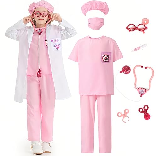 Wbesty Disfraz de médico para niñas, disfraz de médico, abrigo de científico loco con accesorios para fiesta de Halloween