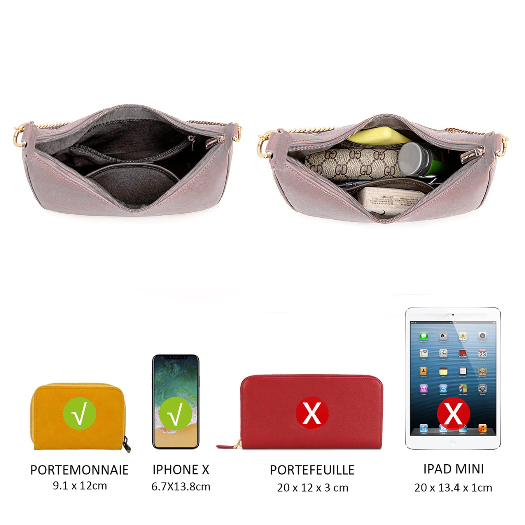 David Jones - Petit Sac Porté Epaule Forme Banane Femme - Sac à Main Hobo Bandoulière Chaînes Simili Cuir PU Rigide Porté Sous Epaule Bras - Besace Sacoche Ville Mode Tendance Elegant - Rose