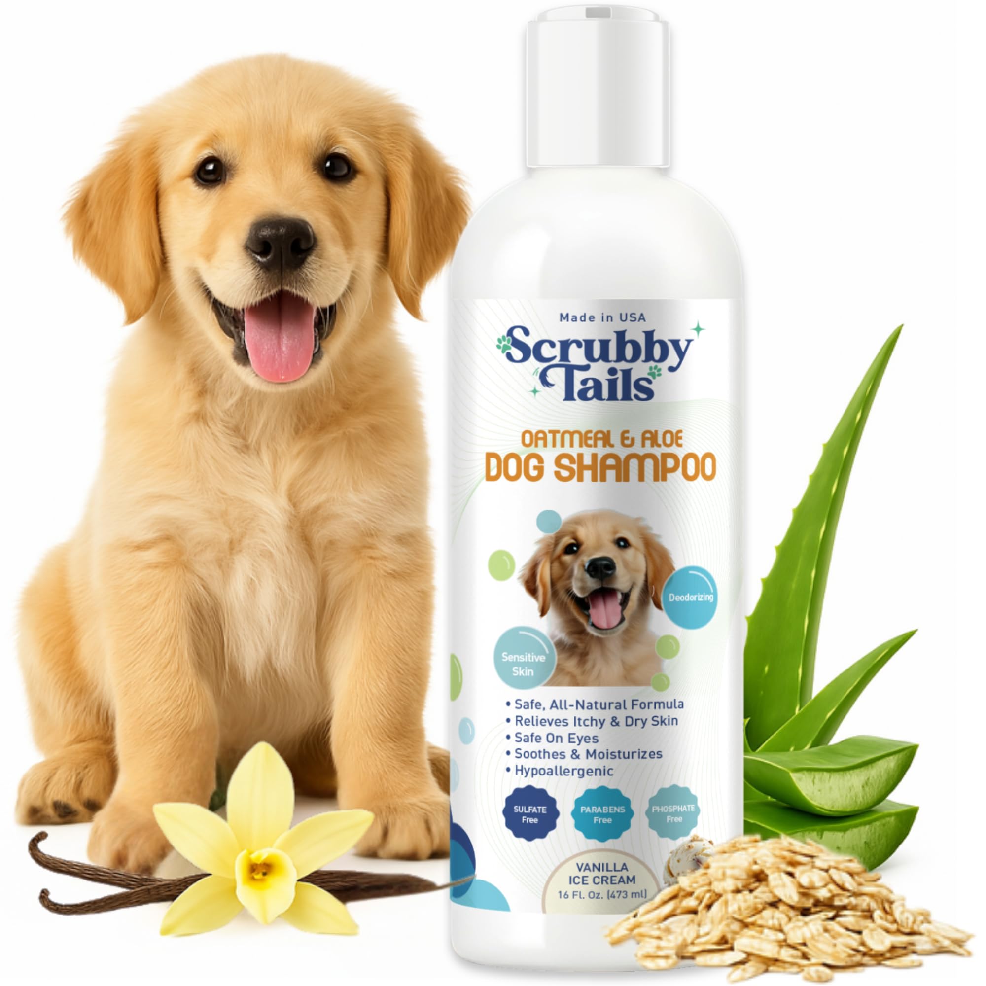 Scrubby Tails Organic Dog Shampoo - Puppy Oatmeal Shampoo for Itchy Skin Relief - Hypoallergenic for Sensitive Skin, for Dogs of All Ages, Deodorizes, Tearless, Made in USA, 16oz (Vanilla Ice Cream)