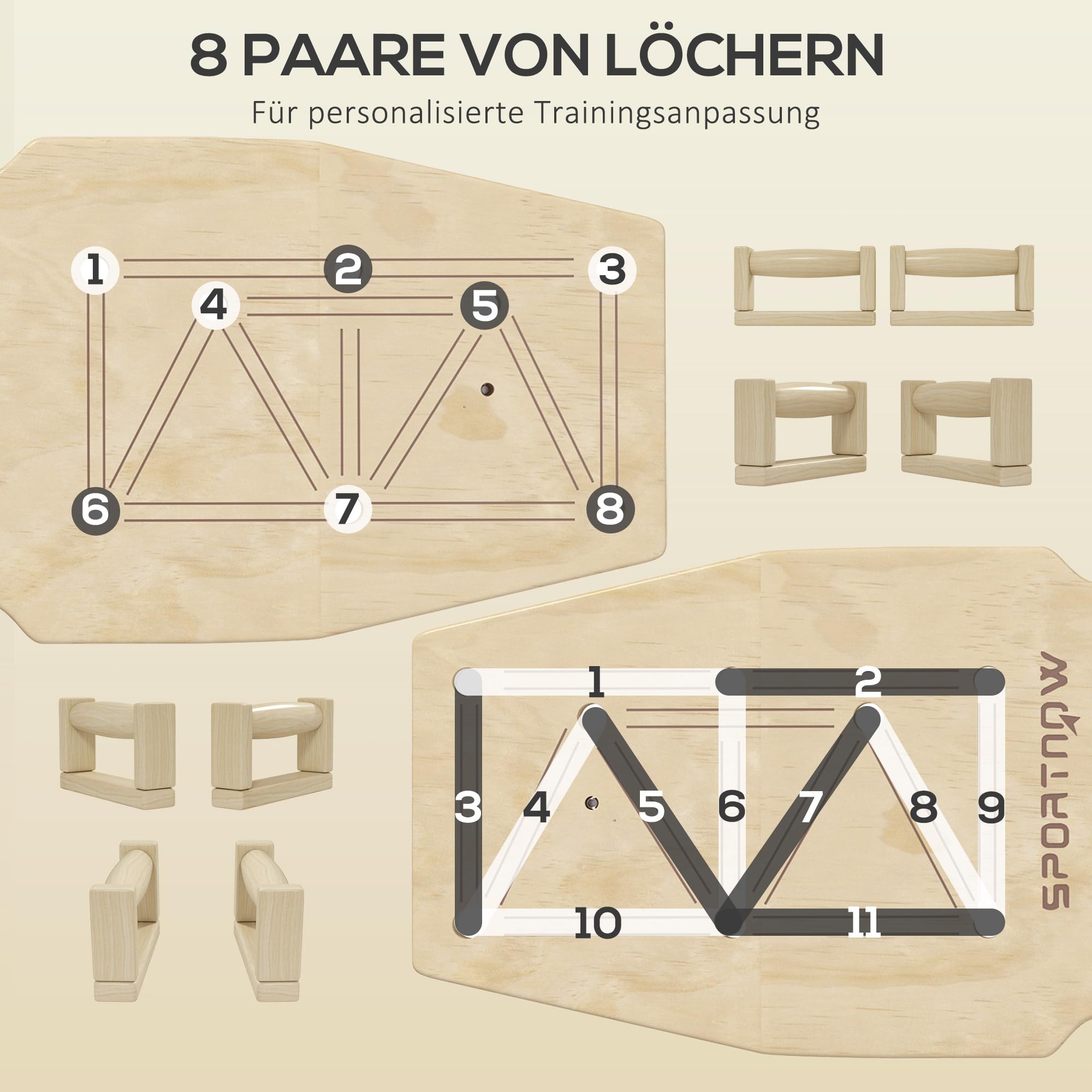SPORTNOW Liegestützgriffe aus Holz Fitness Parallettes 11 Übungen Natur