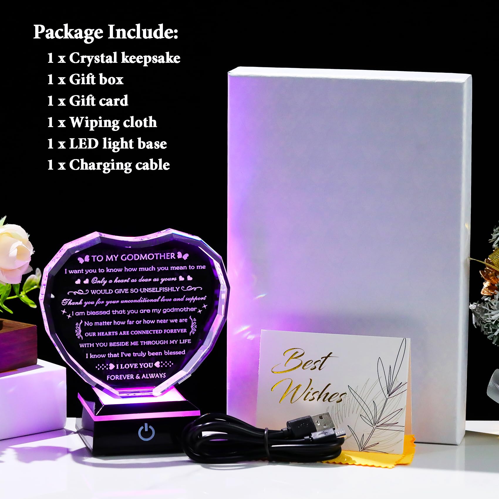 Arikyrist Geschenk für Patenkind mit buntem Lichtsockel, Geburtstagsgeschenk für Patentante, Kristallherz, Andenken an meine Patentante, Geschenke von Patentochter, Patensohn zum Muttertag