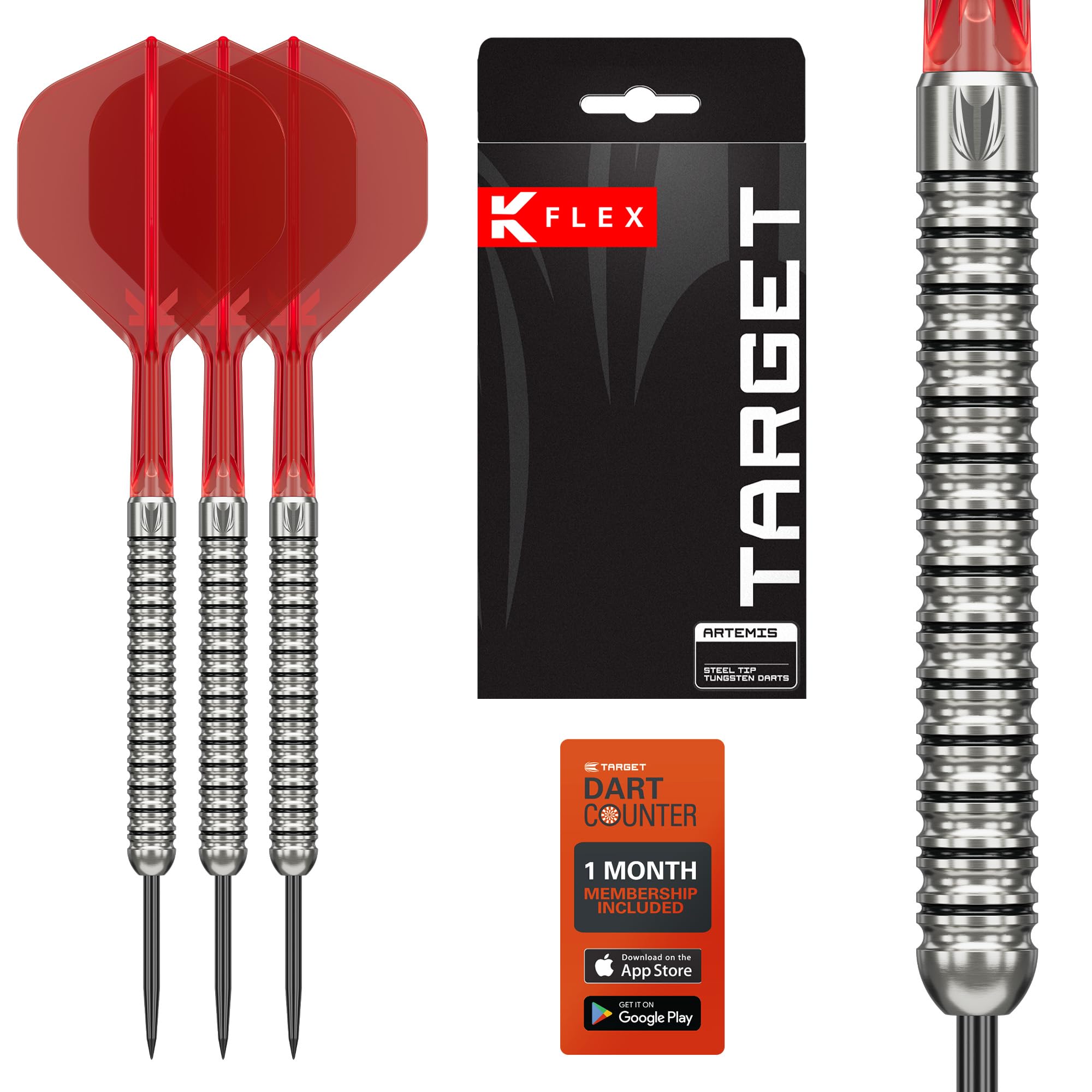 Target Darts Artemis K-Flex Tungsten Steel Tip Dart Set, 23G | Red KFlex No.2 Shafts & Flights, Dart Wallet Included | Professional Accessories Dart Kit