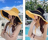 Vista 35 de Sombrero de sol de ala súper ancha para mujer, de algodón, plegable, reversible, con borde con cable, protección UV, verano, playa, viajes, jardín