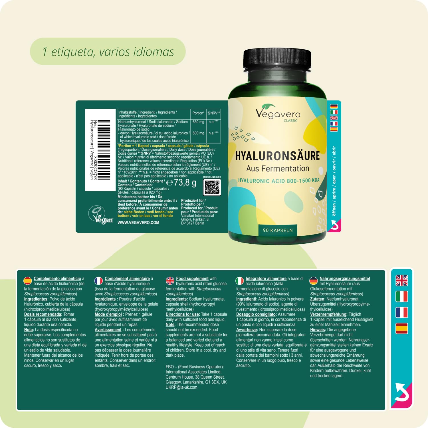 Ácido Hialurónico Puro Vegavero | La Dosis más Alta: 600 mg | Libre de Aditivos & Vegano | 90 Cápsulas | Natural de Fermentación | 800-1500 kDa | Hidratante facial + Articulaciones…