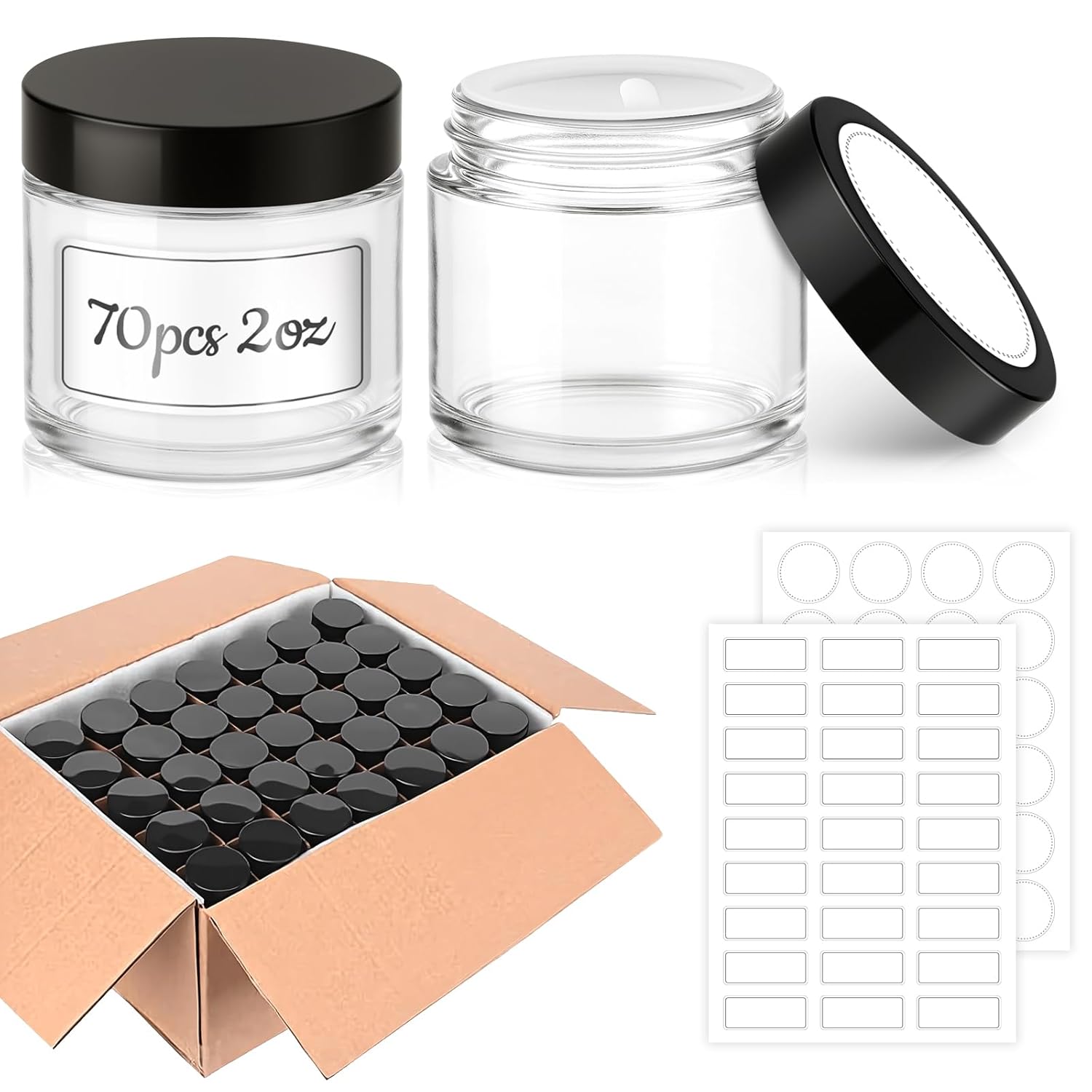 2 oz Round Clear Glass Jars, Bumobum 70 pack Cream Jars with Black Lids, Black and White Labels & Inner Liners, Empty Cosmetic Containers for Cream, Lotion