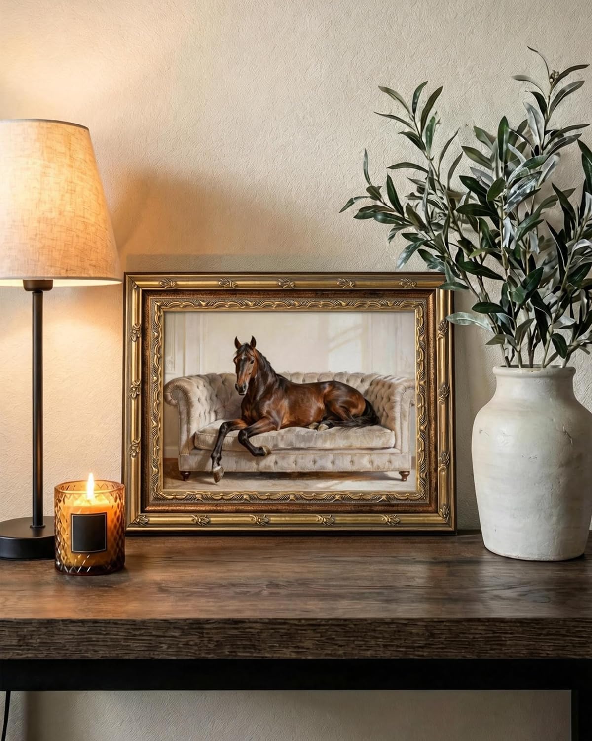 ARPEOTCY Gold Framed Glass Wall Art, 12x16inch Classic Funny Horse Canvas Wall Art, Vintage Western Brown Horse Pictures Wall Decor, Rustic Animal Paintings Home Farmhouse Artwork for Bedroom Bathroom Living Room