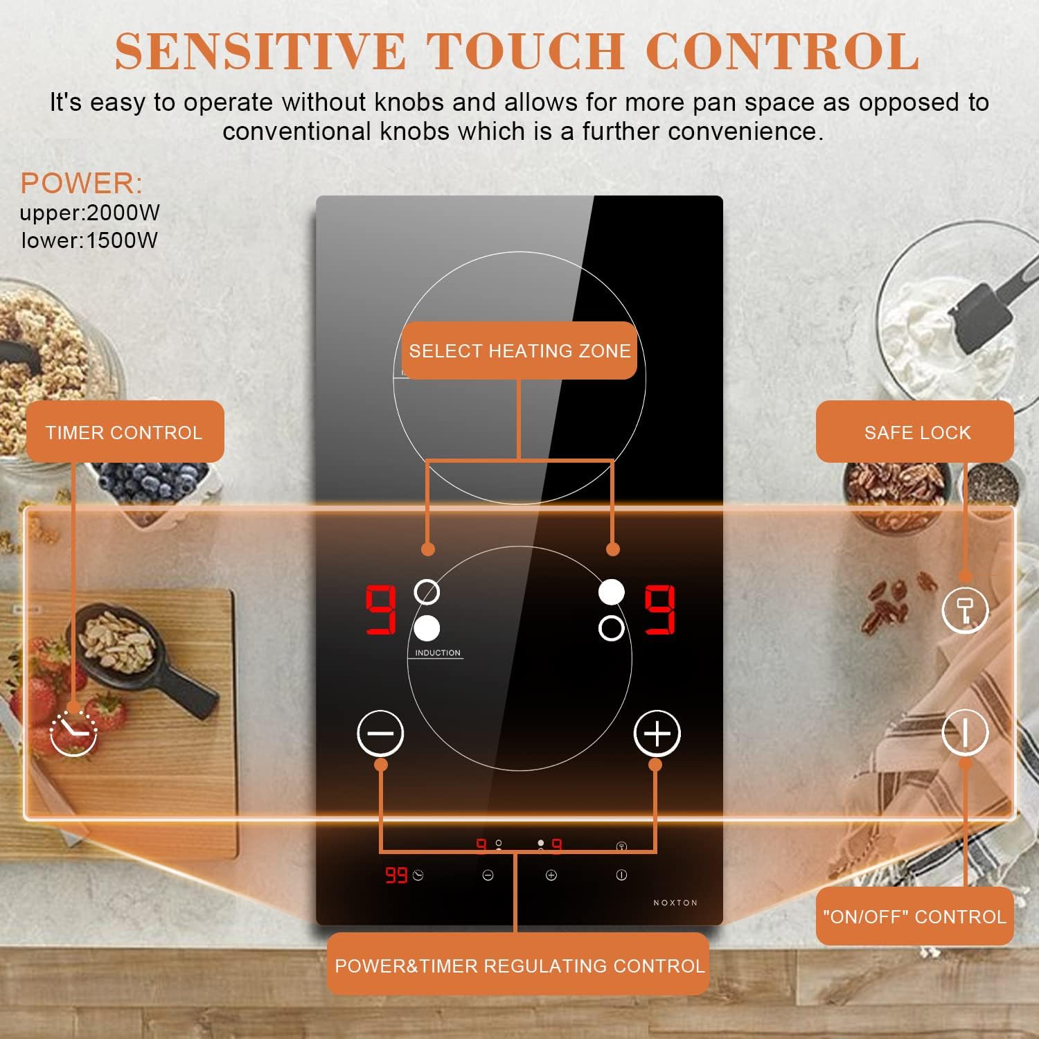 NOXTON Domino Induction Hob 2 Plates Built-in, 3500 W Double Induction Hob,  Hob 2 Plates Induction, Touch Control, 9 Heat Settings, Timer, Child Lock,  220-240 V : Amazon.de: Large Appliances