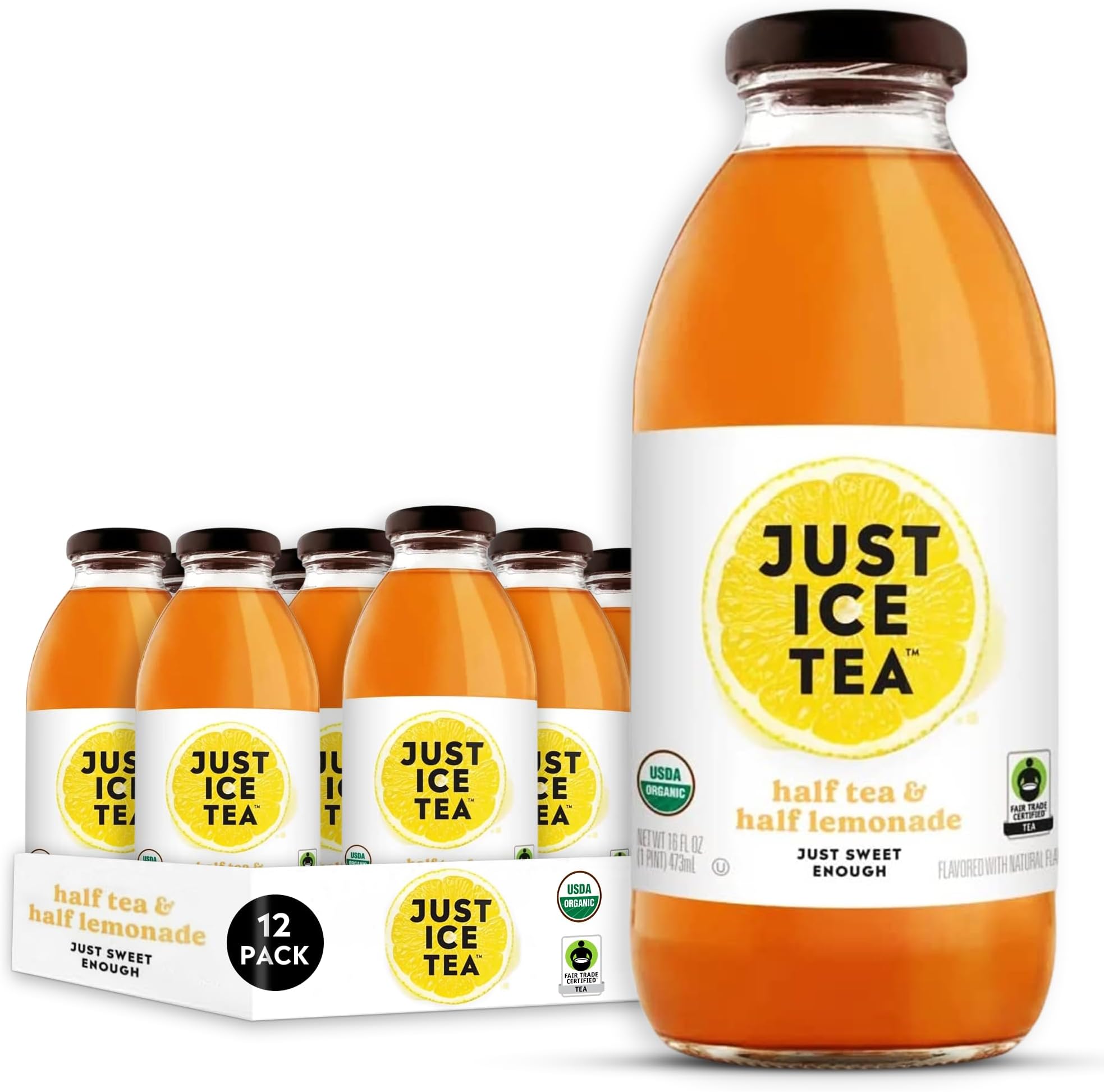 Organic Iced Tea, 16 Fl Oz Glass Bottles (Half Tea & Half Lemonade, Pack of 12)