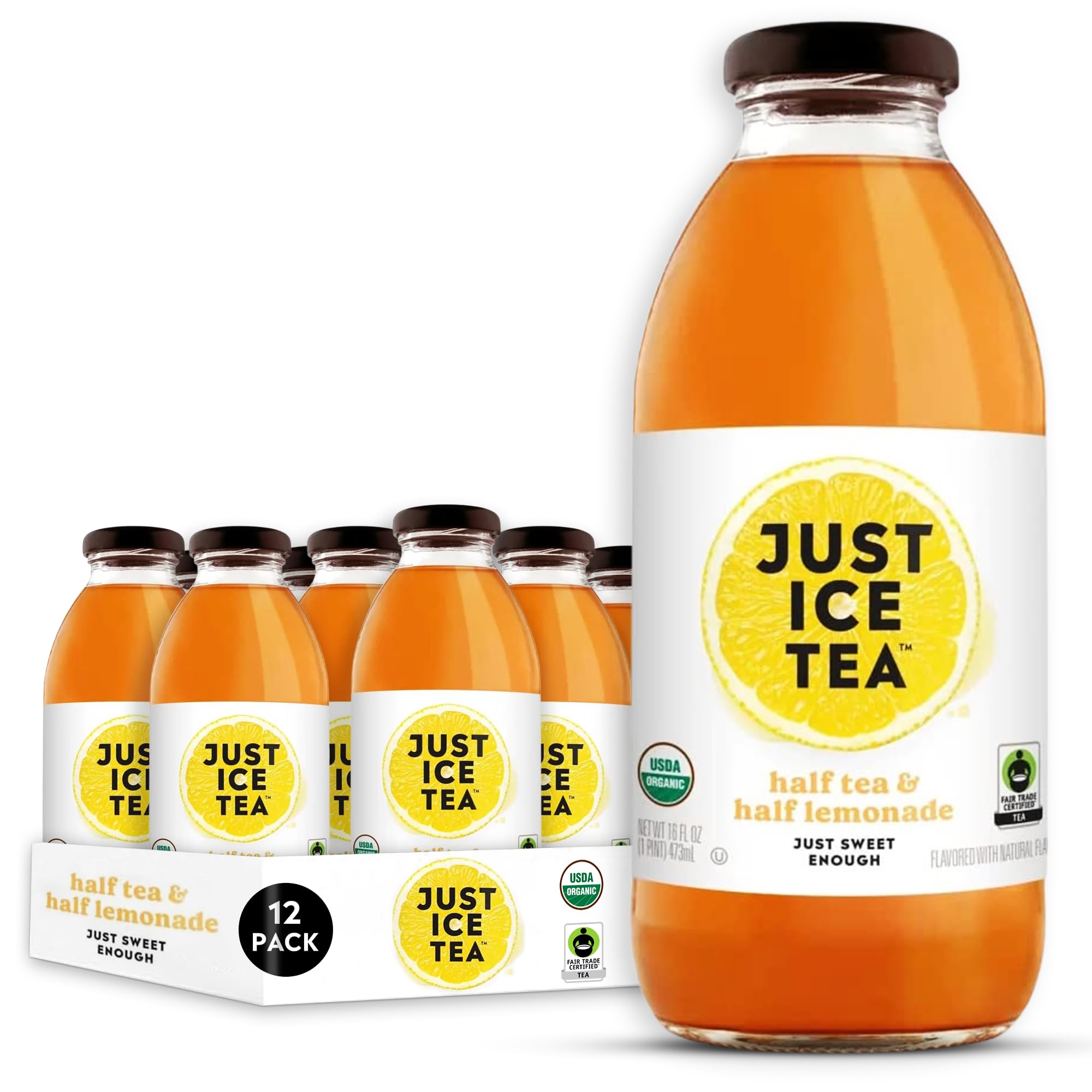 Just Ice Tea Organic Iced Tea, 16 Fl Oz Glass Bottles (Half Tea & Half Lemonade, Pack of 12)