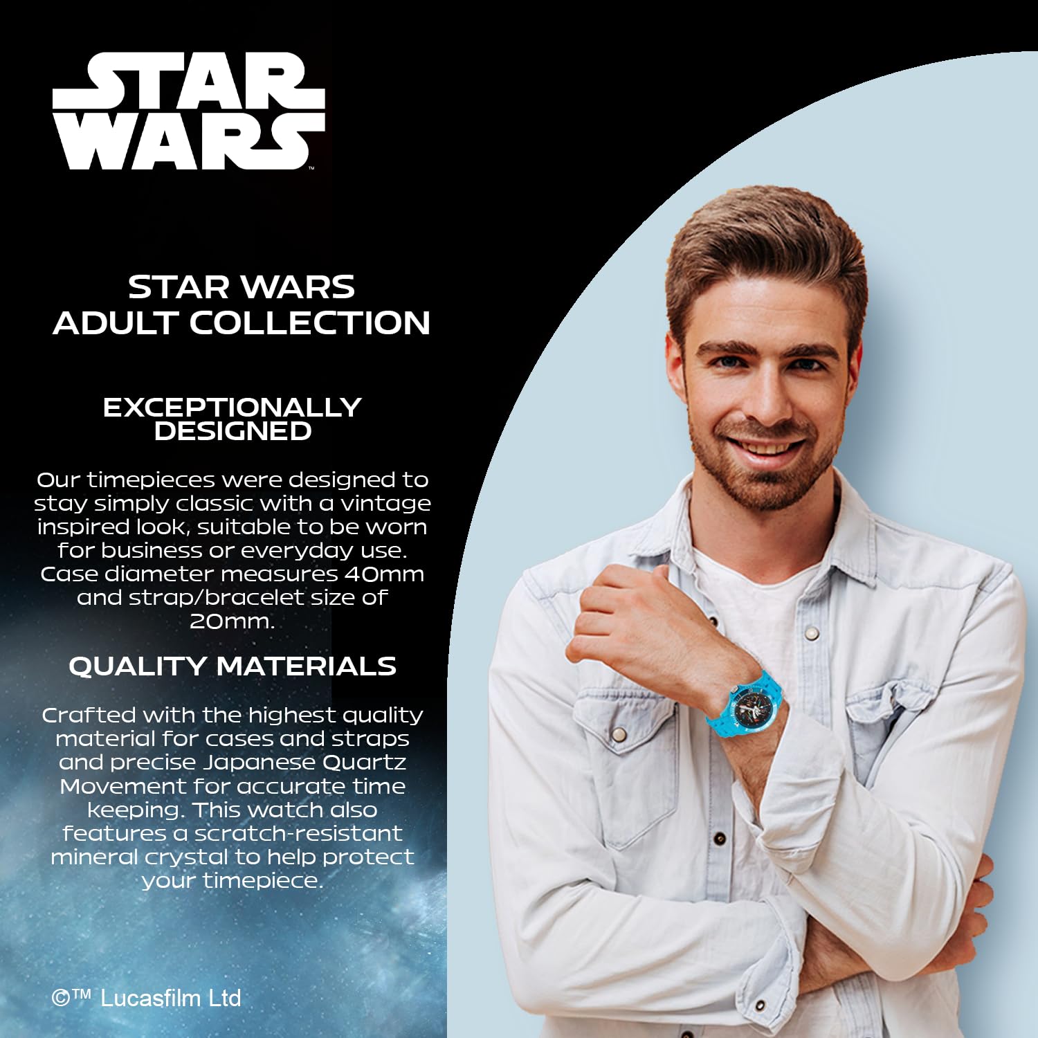 STAR WARS Orologio adulto, orologio analogico di plastica della cinghia di gomma del quarzo di sport, Blu, Plastica sportiva