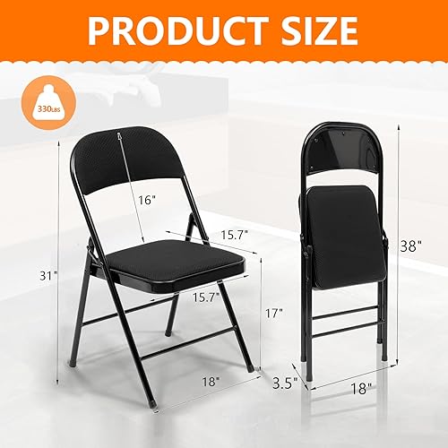 Miniatura 3 de SKONYON Paquete de 6 sillas plegables acolchadas de tela para el hogar, oficina, boda, fiesta, eventos interiores y exteriores, color negro