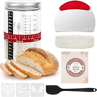 サワードウスタータージャーキット、34オンス大容量DIYガラスサワードウスタータージャーキット、レシピブック、温度計、日付マーク付き給餌バンド、パンスコアステンシル、再利用可能なパン焼き用品。