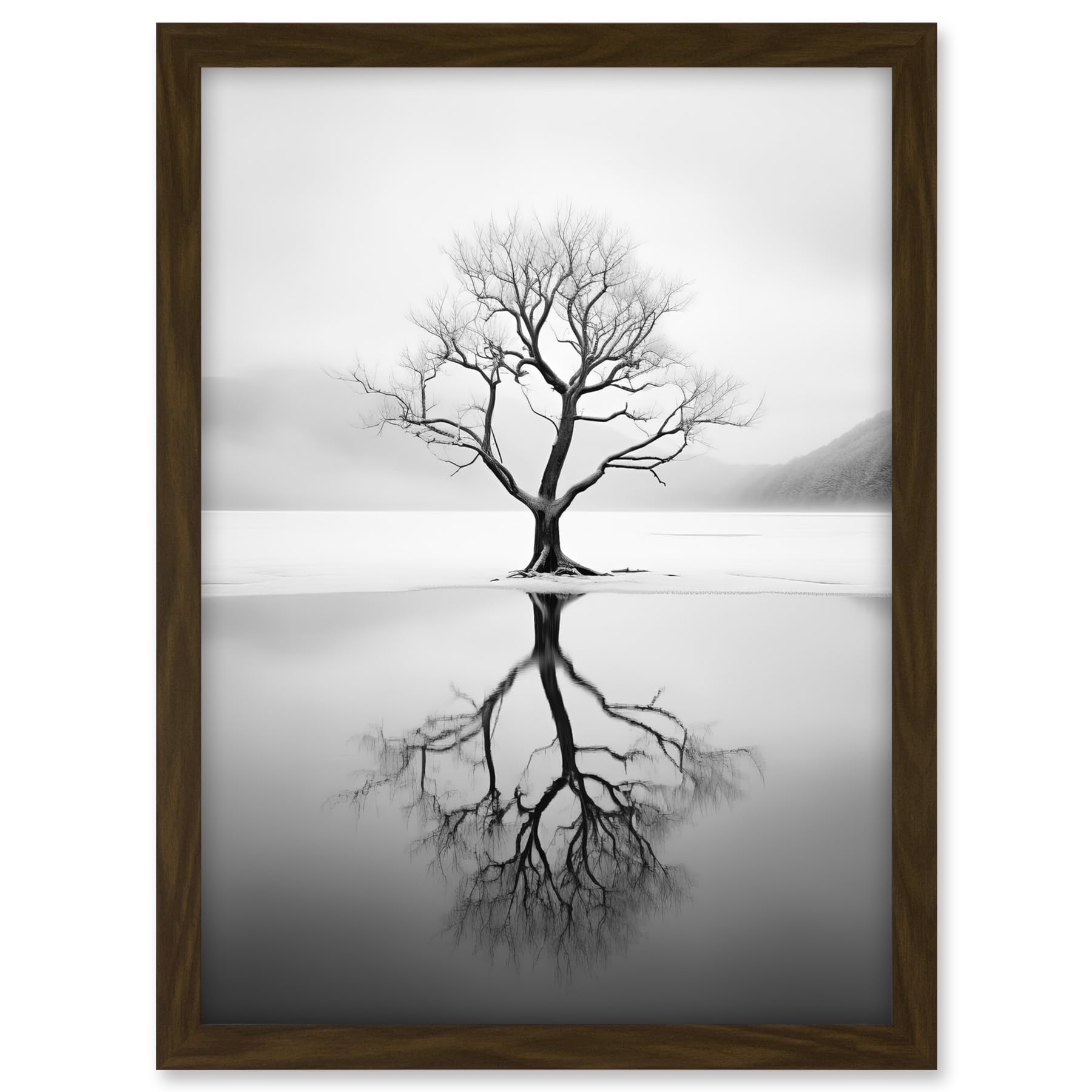 Artery8 Lone Tree by Frozen Lake Winter Landscape Black and White Photograph Artwork Framed A3 Wall Art Print