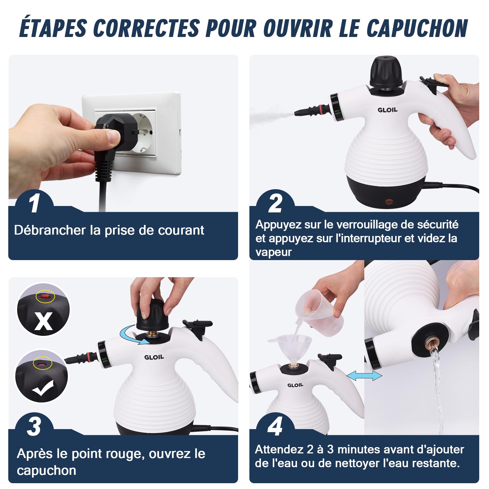 Nettoyeur vapeur pour tout, portable multi-usages avec 10 accessoires pour tapis, rideaux, canapés, cuisines et salles de bains. (Blanc Clair.)