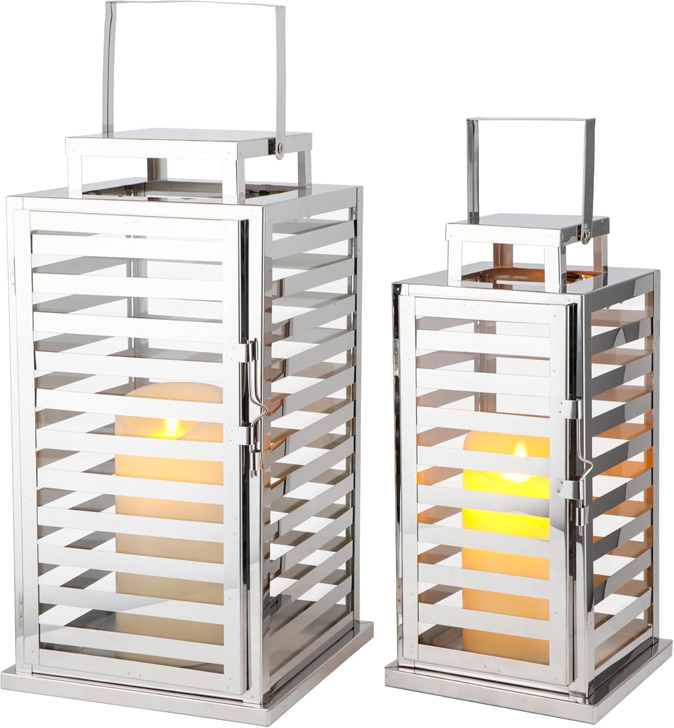 TRIROCKS Set of 2 Stainless Steel Lantern 15 &12" H Decorative Candle Lanterns with Tempered Glass Panels Indoor & Outdoor Candle Holder for Living Room Weeding Parties Events - Silver Finish