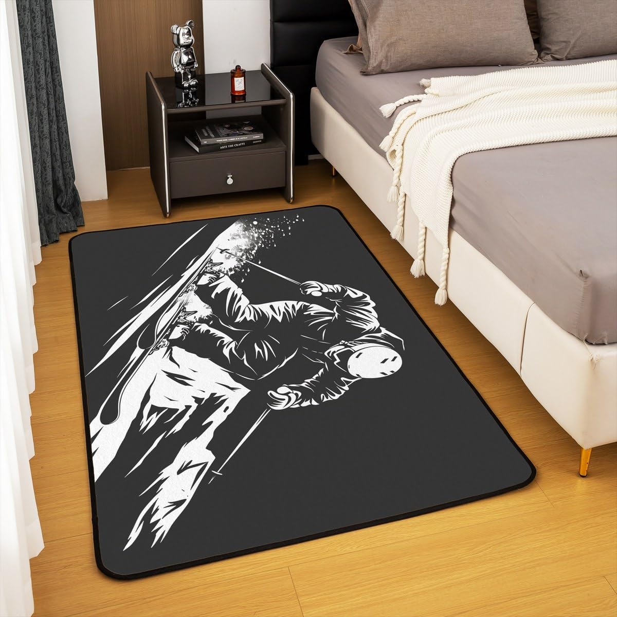 Erosebridal Winter Skiing Area Rug 6'6" x 4'11", Sports Athlete Living Room Rugs for Kids Boys Girl Skiing Lovers, Sport Ski Board Non Slip Decorative Carpet for Bedroom, Black White Indoor Floor Mat