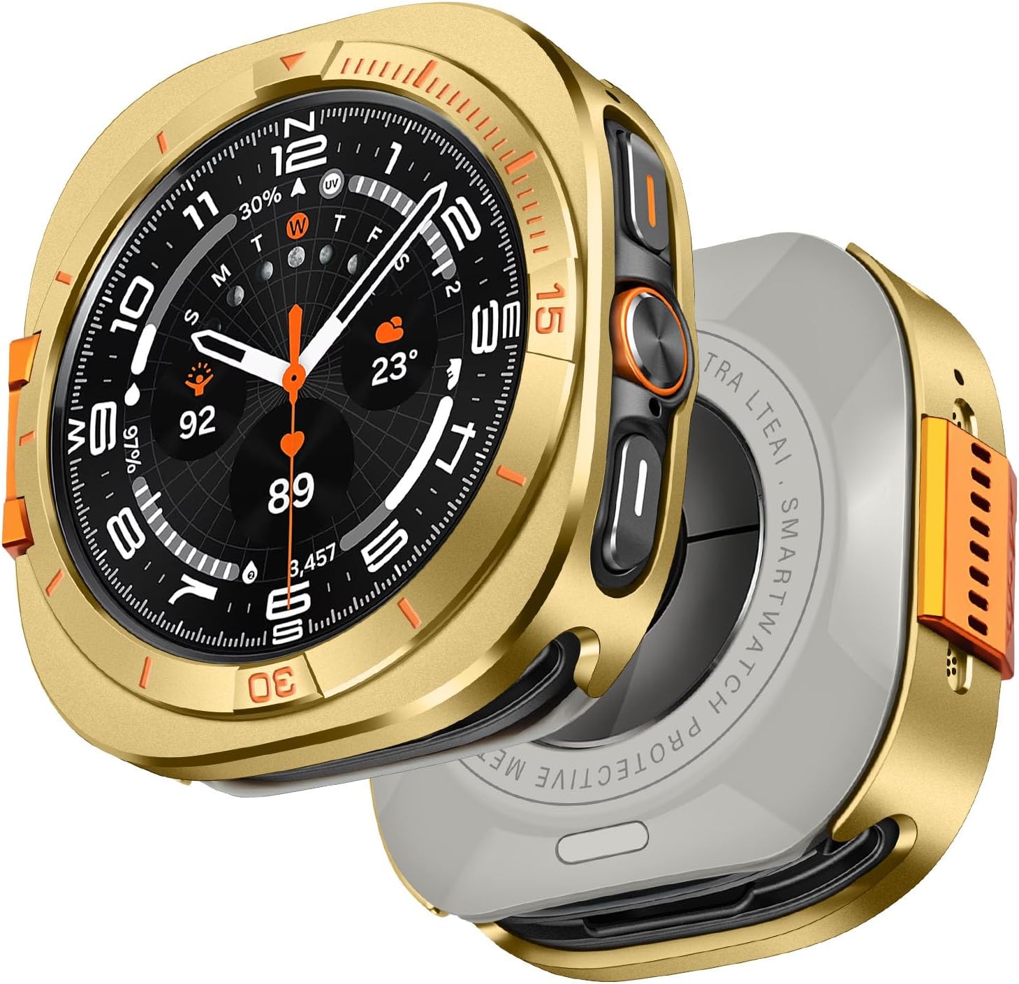 Rugged Metal Case Compatible for Samsung Galaxy Watch Ultra (2025/2024) 47mm, Metal Protective Bumper Cover with Back Cover for Galaxy Watch 7/8 Ultra, Gold/Orange