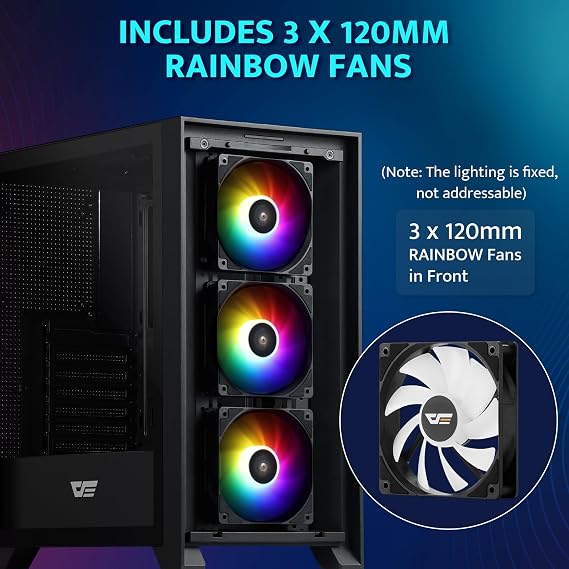 darkFlash ATX Mid-Tower Gaming PC Case, Pre-Installed 3x120mm Fix RGB Fans, with Removable Large Mesh Front Panel, USB3.0 Ready, Tempered Glass Side Panel Airflow Computer Case, Black(DRX70)