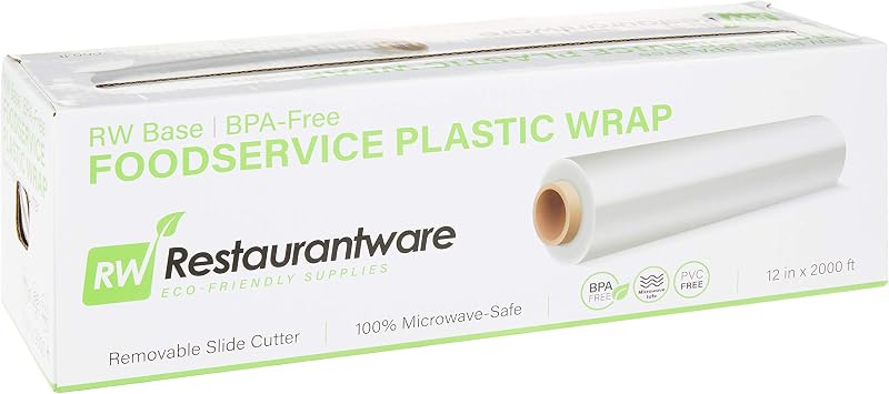 Restaurantware-RW Base de 12 pulgadas x 2000 pies, 1 rollo de película adhesiva para microondas, con cortador deslizante extraíble, película de plástico transparente para envolver alimentos, sella de forma segura y mantiene los alimentos frescos