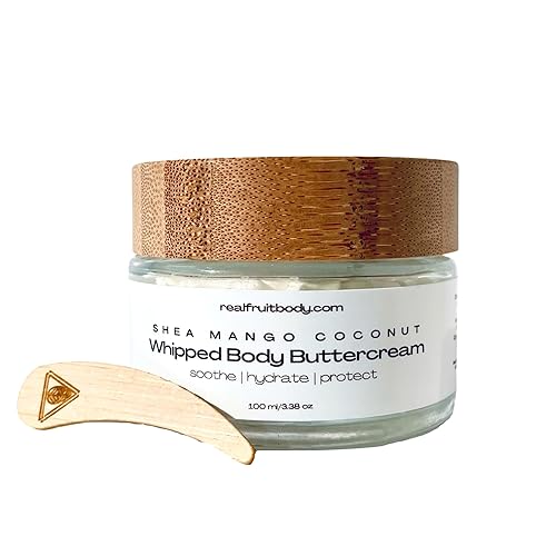 Real Fruit Body Crema de mantequilla corporal batida de coco y mango de karité, 100% pura y natural, prensada en frío, certificada por conejo